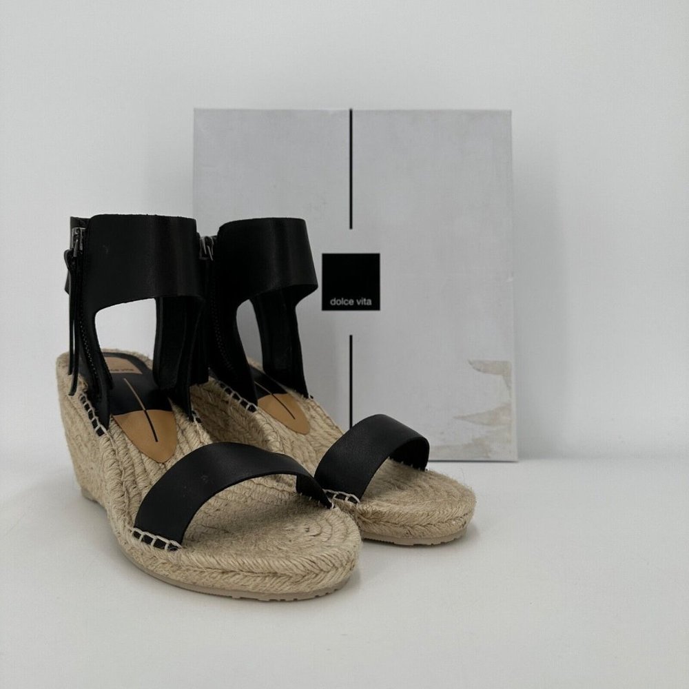 Dolce Vita Women's Gisele Wedge Leather Espadrille Shoes in Black size 9 NEW